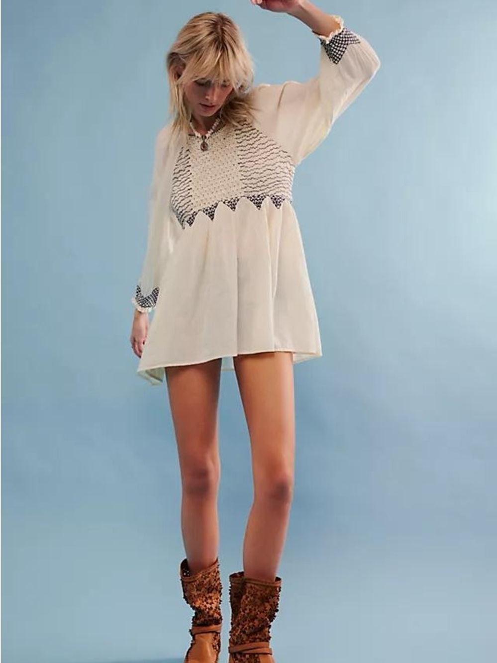 Free People What A Feeling Tunic Dress cream with navy ruching NWT Size M